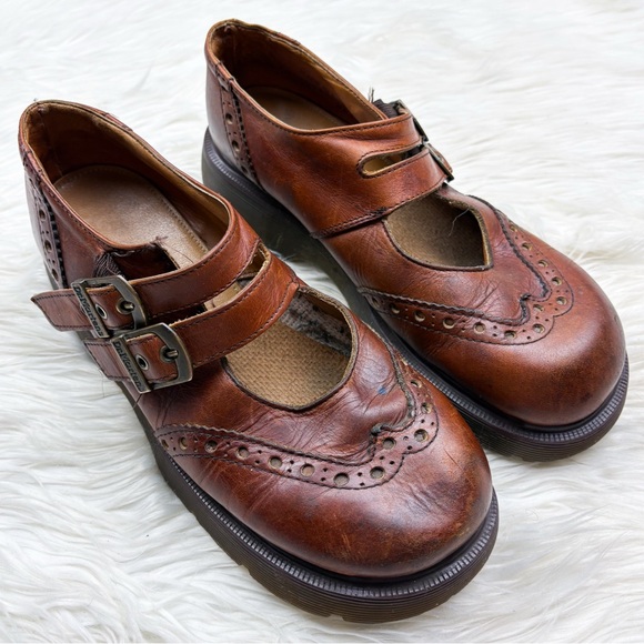 Dr. Martens Shoes - Dr. Martens Vintage Made in England Brogue Mary Jane Double Strap Leather Shoes